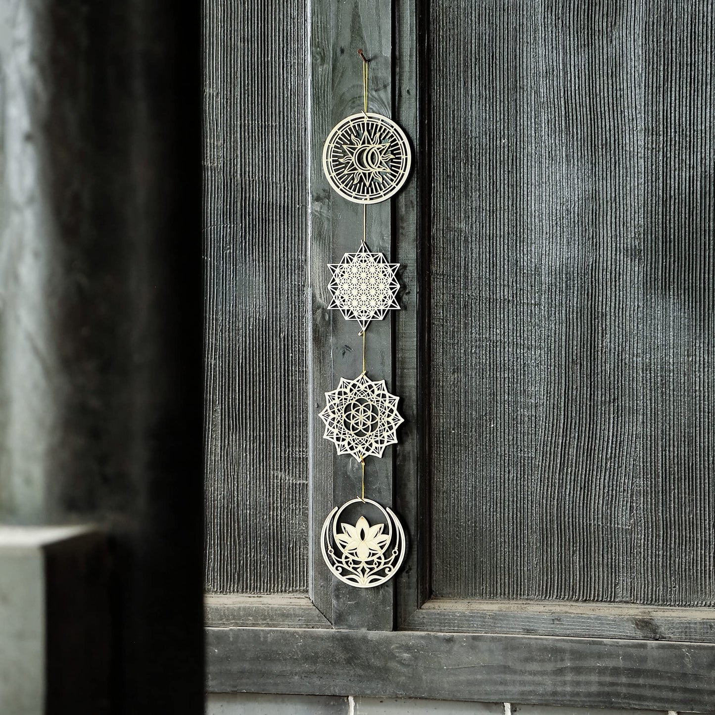 Qallicon 5.31" Sacred Geometry Wall Art 4 PCS Set, (Mandala, Buddha Lotus, 64 Star Tetrahedron, Sun Moon and Stars) Crystal Grid Meditation Chakra Wooden Wall Art Yoga Decor Spiritual Gifts