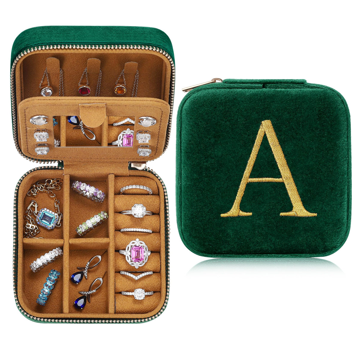 Parima Mothers Day Gifts for Mom - Gifts for Women, Plush Velvet Travel Jewelry Case, Small Jewelry Box, Birthday Gift for Women Her, Personalized Gift - Letter A, Green