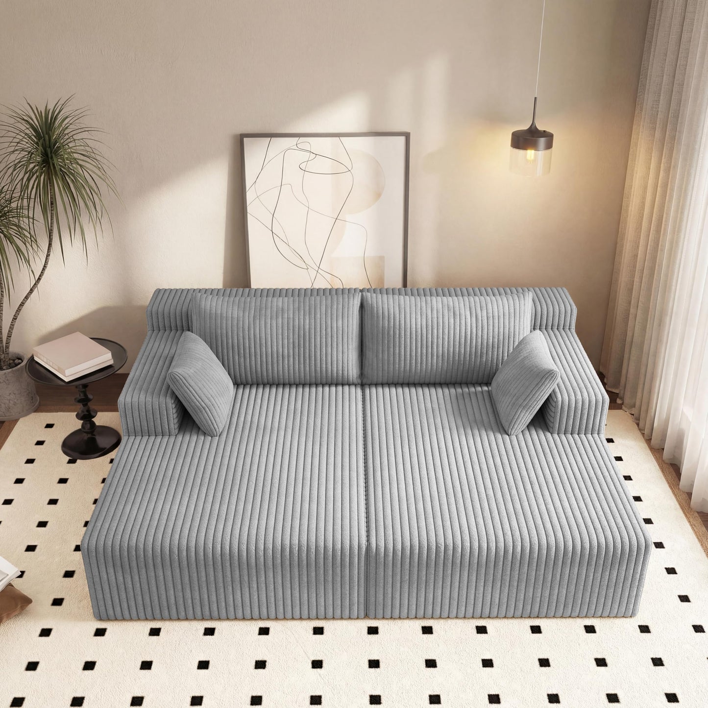 71-Inch Fluffy Corduroy Boneless Sleeper Daybed Loveseat Double Recliner Chaise Lounge Sofa Couches, Floor Cloud Sofa Chaise W/4 Pillows for Home Apartment Living Room