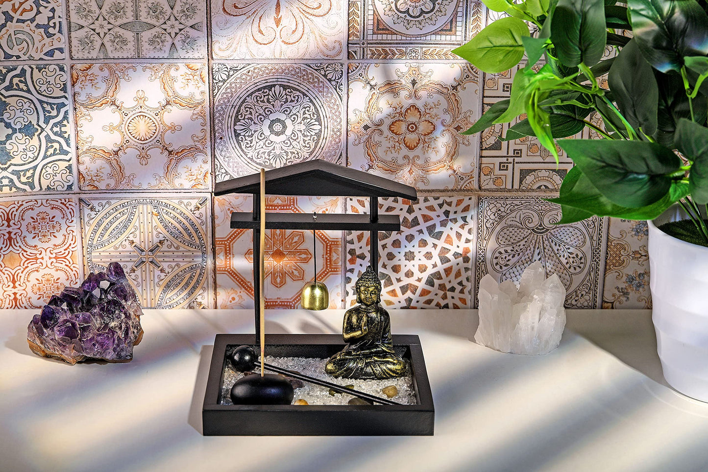 Jovivi Zen Garden Set Buddha Statue, Mallet & Rocks and Crystals & Incense Stick Holder Bowl & Wooden Display Tray for Yoga Meditaion Home Table Decor Gift