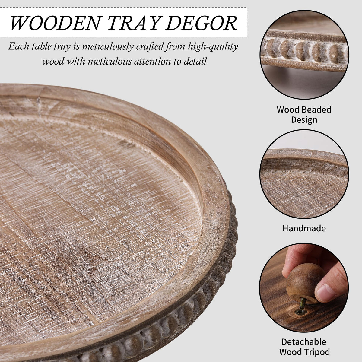 Nacidooka Wooden Coffee Table Tray Decor, Round Decorative Tray Brown Beaded Distressed Rustic Farmhouse Centerpiece for Dining Room Entryway Kitchen Counter Candle Holder Organizer