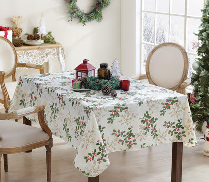 Newbridge Christmas Golden Holly Vinyl Tablecloth with Flannel Backing, Metallic Gold Holly & Berry Print, Wipe Clean Easy Care, 60 x 84 Inch Rectangle