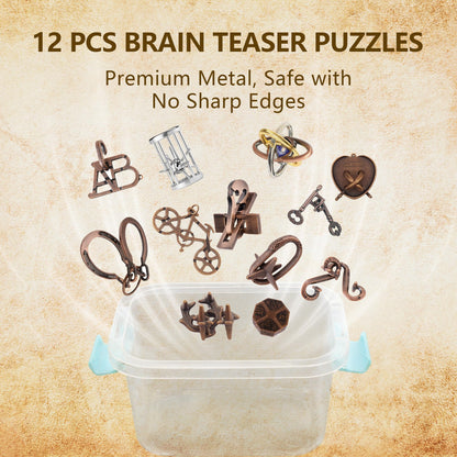 12Pcs Brain Teaser Puzzles for Adults and Teens, 3D Metal Puzzle Set with Various Difficulty Levels, IQ Logic Challenge Disentanglement Game, Fun Handheld Brain Teasers for Focus, Gifts for Boys Girls