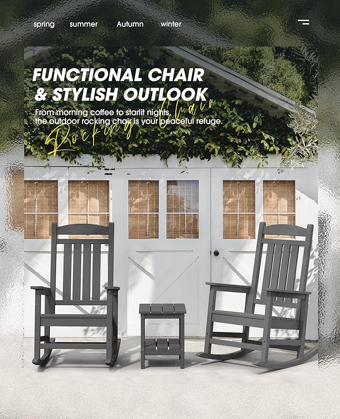 KINGYES HDPE Rocking Chairs Outdoor, Patio Rocking Chairs with 330lbs Support, Smooth Porch Rocker for Deck Lawn Yard, White