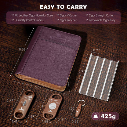 KEJIAR Travel Cigar Humidor Set, Humidor Cigar Box with V Cutter, Straight Cutter, Hole Puncher, Two-Way Humidity Control Packs, Leather Holder Case with Cigar Accessories Kit (Purple)