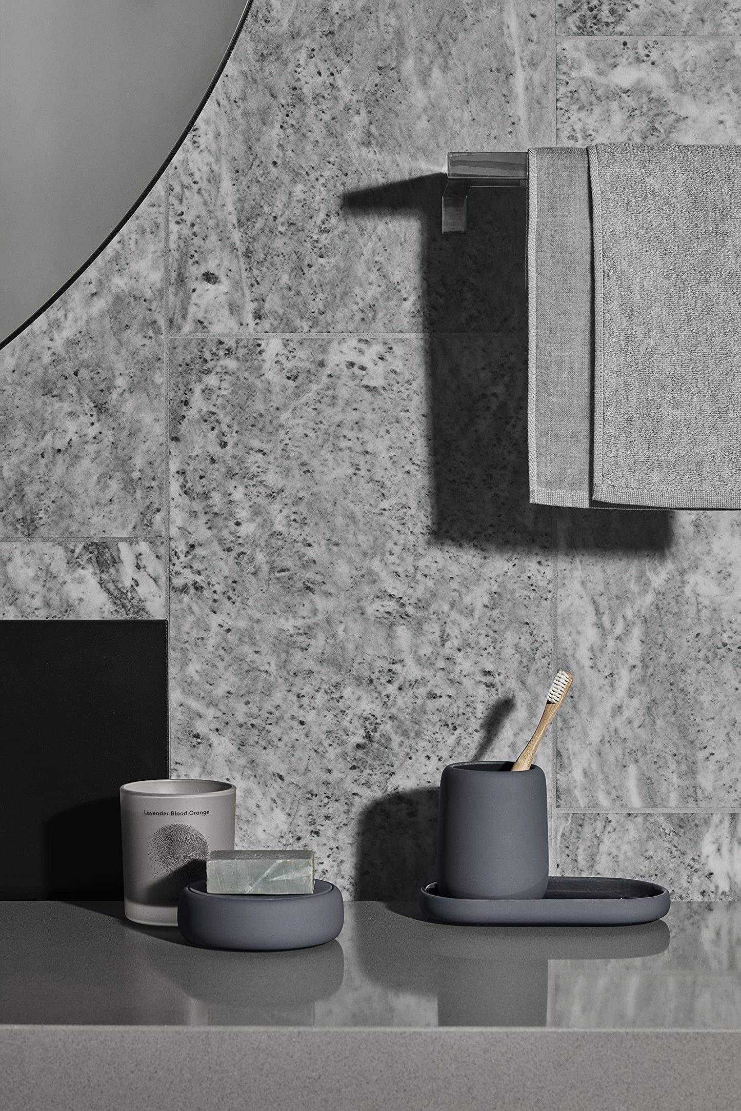 blomus SONO Modern Bathroom Countertop Tumbler and Toothbrush Holder Organizer - Ceramic Soft Touch - Magnet (Charcoal)