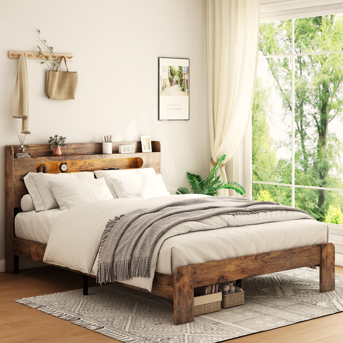 GDFStudio Full Size Wood Platform Bed Frame with Storage Headboard and Charging Station, LED Light Headboard with 2 USB Ports and Power Outlets, Noise-Free Support, No Box Spring Needed, Dark Brown