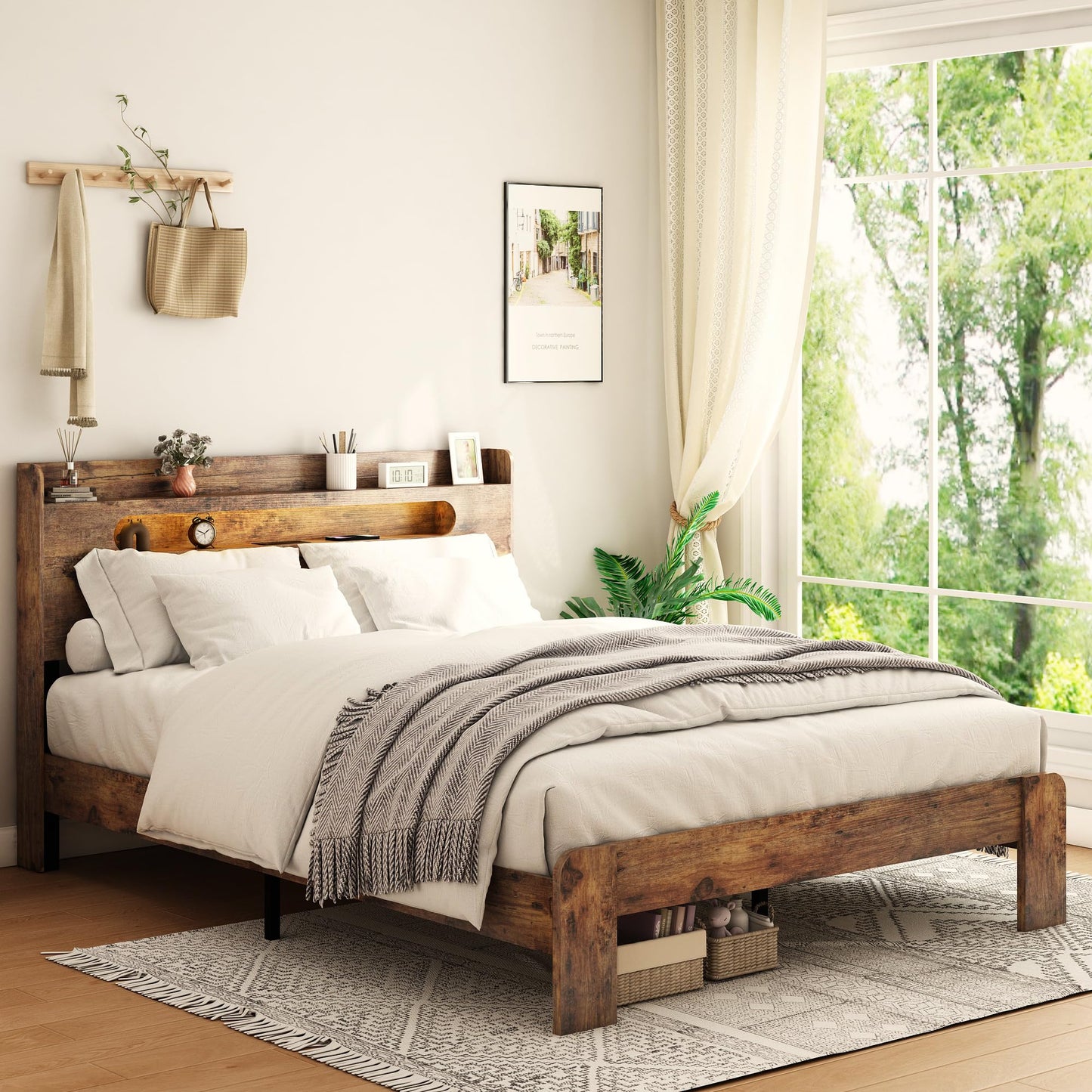KEIKI King Size Bed Frame with Storage Headboard, LED Lights & Charging Station, Wood Platform Bed Frame with 2 USB Ports & Outlets, Noise Free, No Box Spring Needed, Easy Assembly, Under Bed Storage