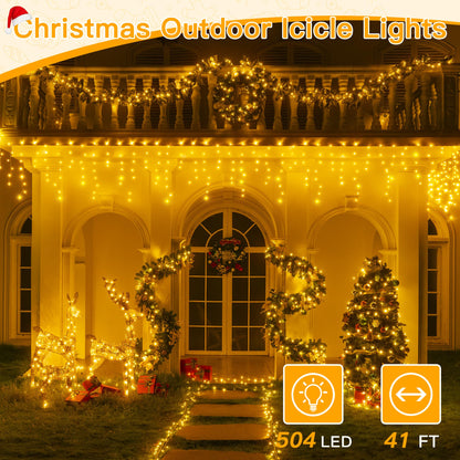 Ollny Icicle Lights for Outside 504LED 41FT, Warm White Christmas Light with Remote 8Modes Timers Waterproof, Plug in Connectable Hanging Lights for Outdoor Indoor House Roof Holiday