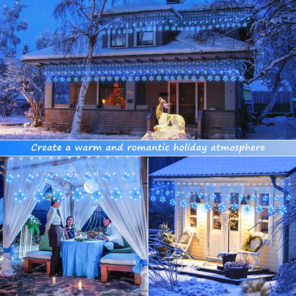 Qunlight Christmas Snowflake Icicle Lights,6.5ft 144LED Curtain Lights with 12 Drops,Timer 8 Modes Connectable,Waterproof Fairy Light for Eaves, Garden, Indoor Outdoor Xmas Decoration (Blue White)