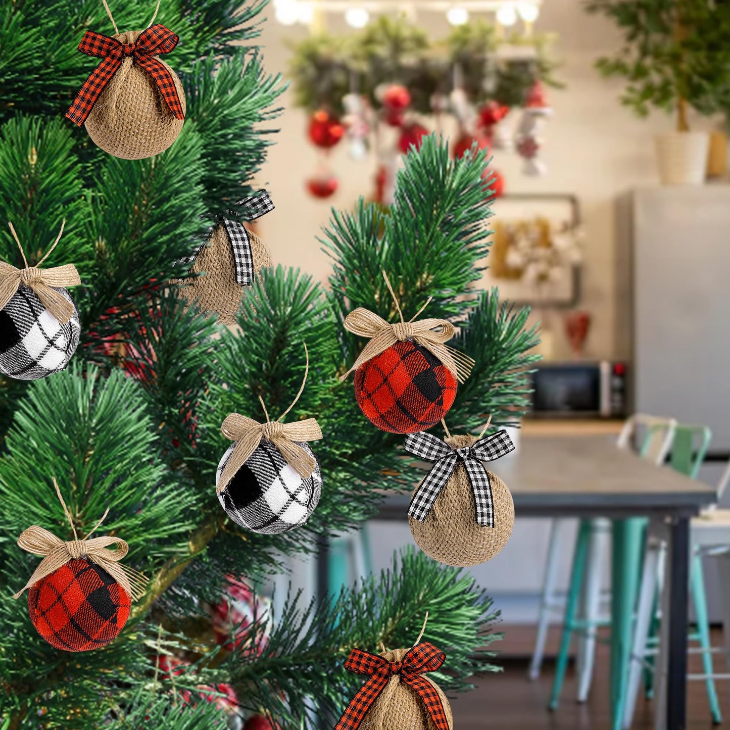 Deloky 24 Pcs Buffalo Plaid Fabric Ball Ornaments- 1.6 Inch Christmas Fabric Wrapped Burlap Hanging Balls- Rustic Buffalo Check Christmas Tree Ball Decoration for Holiday Party Home Decor