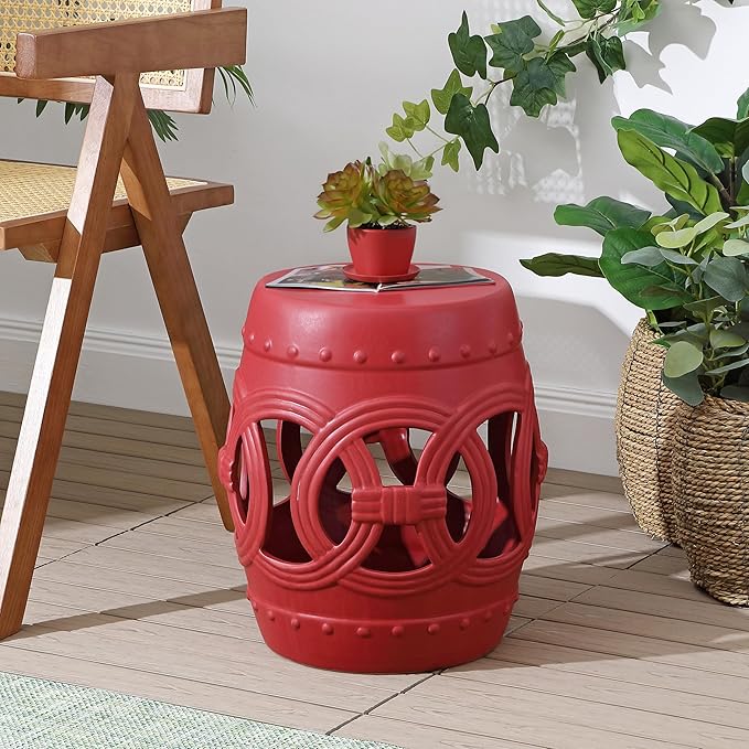 JONATHAN Y TBL1022C Lucky Coins 16" Chinese Ceramic Drum Indoor/Outdoor Garden Stool Bohemian, Coastal, Cottage, French Country, Traditional, for Living Room, Garden Room, Patio, Matte Red