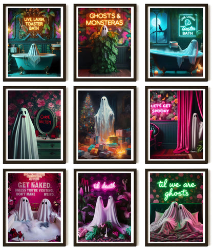 9Pcs Halloween Ghosts Canvas Wall Art Fashion Funny Gothic Romantic Couple Cute Ghost Wall Decor Pictures Horror Creepy Dark Academia Posters Prints for Modern Home Hotel Room Decoration Unframed