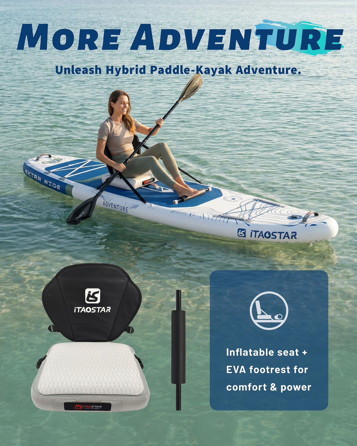 iTAOSTAR TAOSTAR Adventure 12'× 39" Inflatable Stand Up Paddle Board with Seat, Extra Wide SUP Board with 5 Fins Stable Design for Fishing, Youth, All Skill Levels, Lakes, Oceans