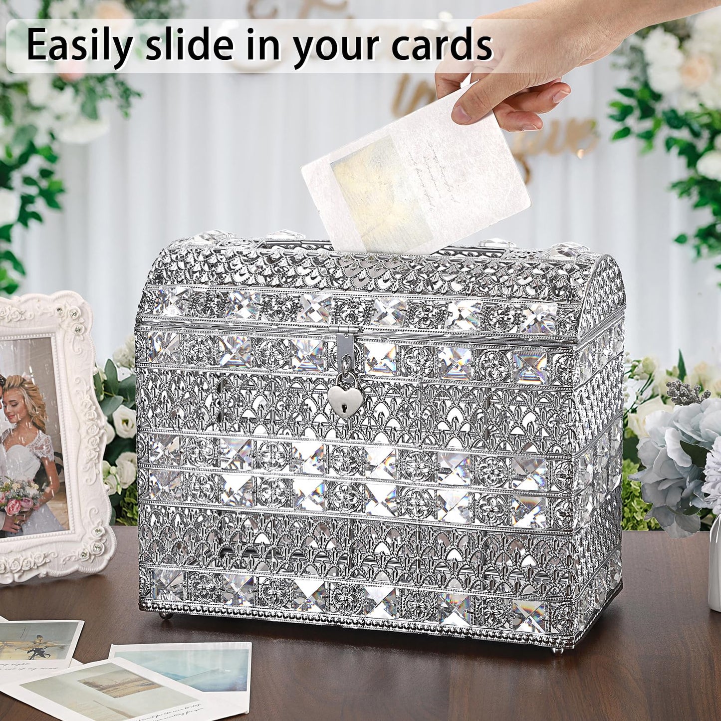 JUXYES Silver Sparkle Crystal Wedding Card Box With Lid for Reception, Gorgeous Treasure Chest Style Keepsake Envelope Box 12 Inches Large Card Receiving Box for Wedding, Reception, Birthday Party