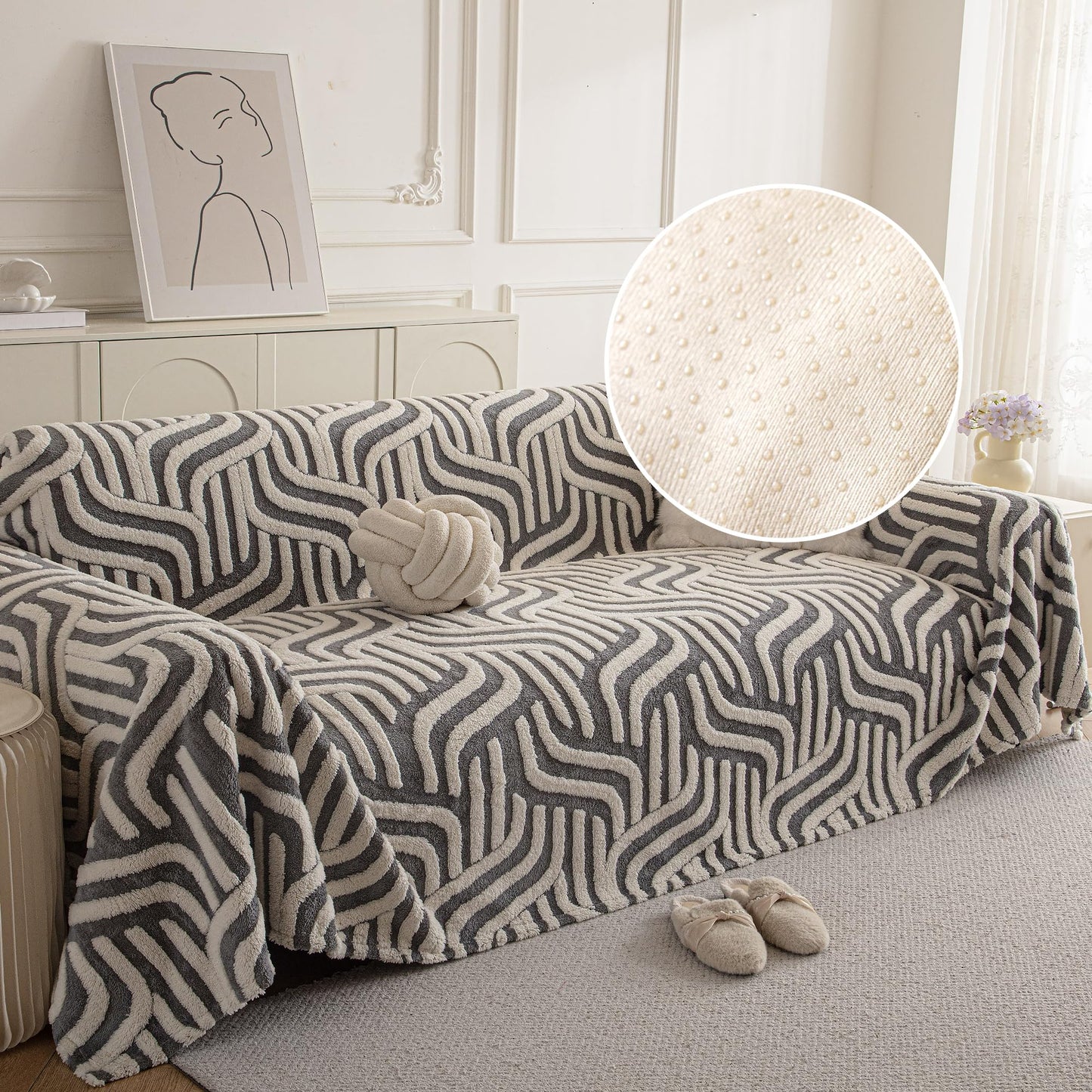 KaviKon Non Slip Couch Covers for 3 Cushion, Scratch Resistant Pet Friendly Sofa Couch Covers for Dogs, Sherpa Velvet Protectors Slipcovers, Washable Furniture Covers, 71" x 118", Geometric Wave Grey