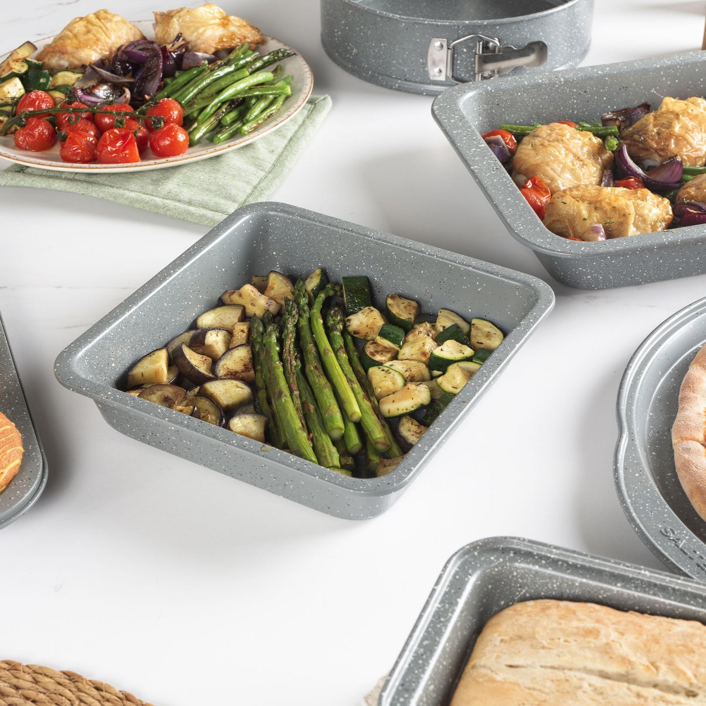 Salter Marblestone 3-Piece Baking Set - Non-Stick Oven Trays, Lightweight Carbon Steel, Easy Wipe Clean, Includes a 36cm Roaster, 37cm Baking Tray, 23cm Square Tray, Oven Safe to 220°C, PFOA Free