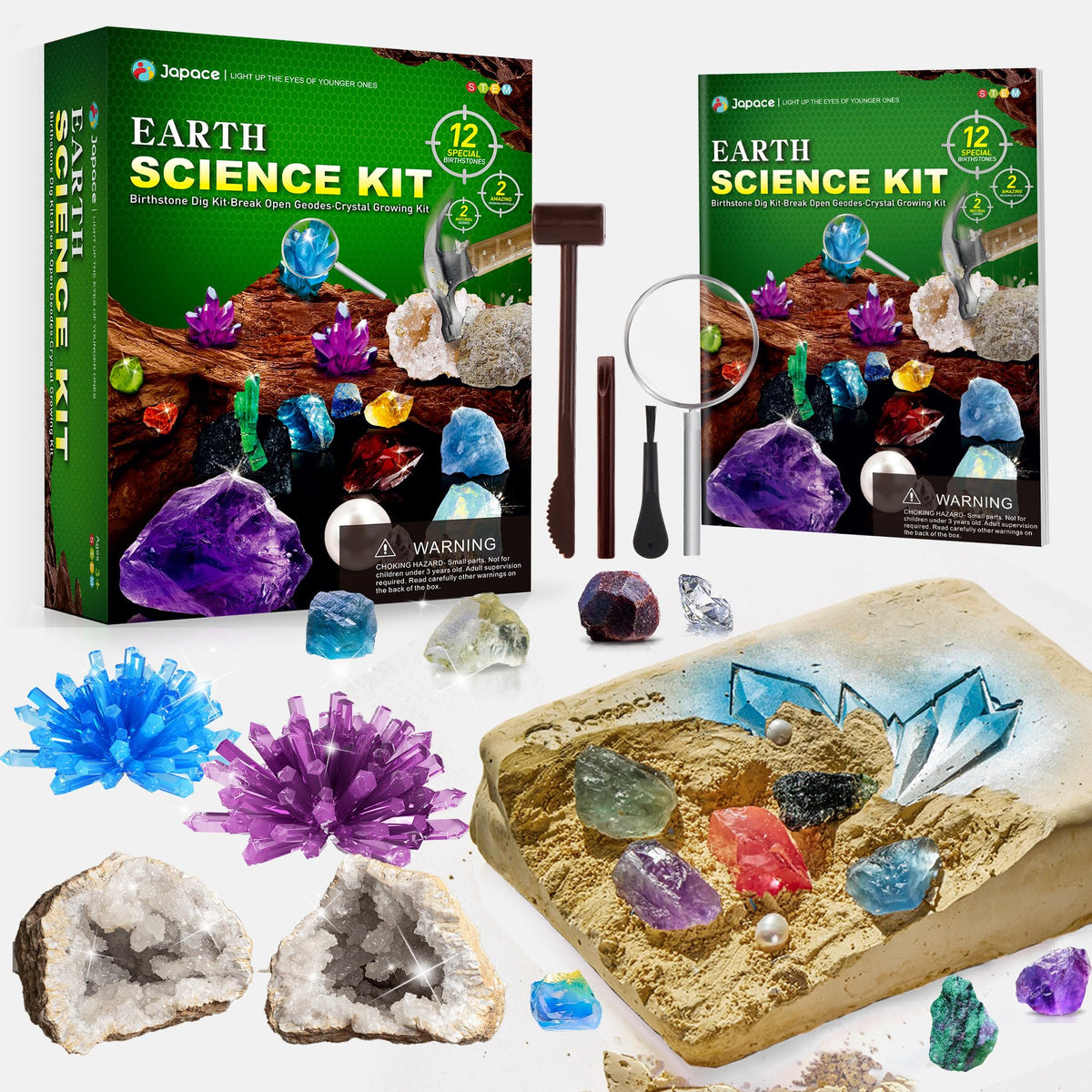 Japace Earth Science Kits for Kids Age 6-8-12-14, Birthstone Gemstone Dig Kit, Geology Kit with Break Your Own Geodes, Crystal Growing Experiment, Rock Mining Kit Birthday Gifts Toys for Boys Girls