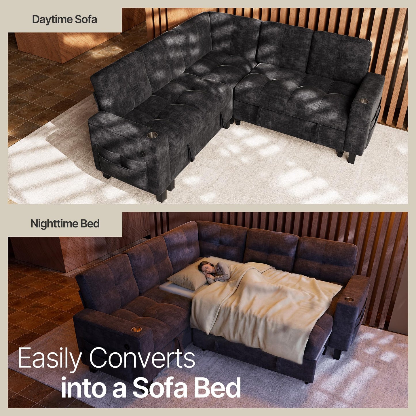 Marsail 85" Sectional Sleeper Sofa with Pull Out Bed, 5 Seat Modular Sectional Sofa with Storage, USB Ports & Cup Holders, Sectional Couches for Living Room, Modern Chenille Cloud Couch, Dark Gray