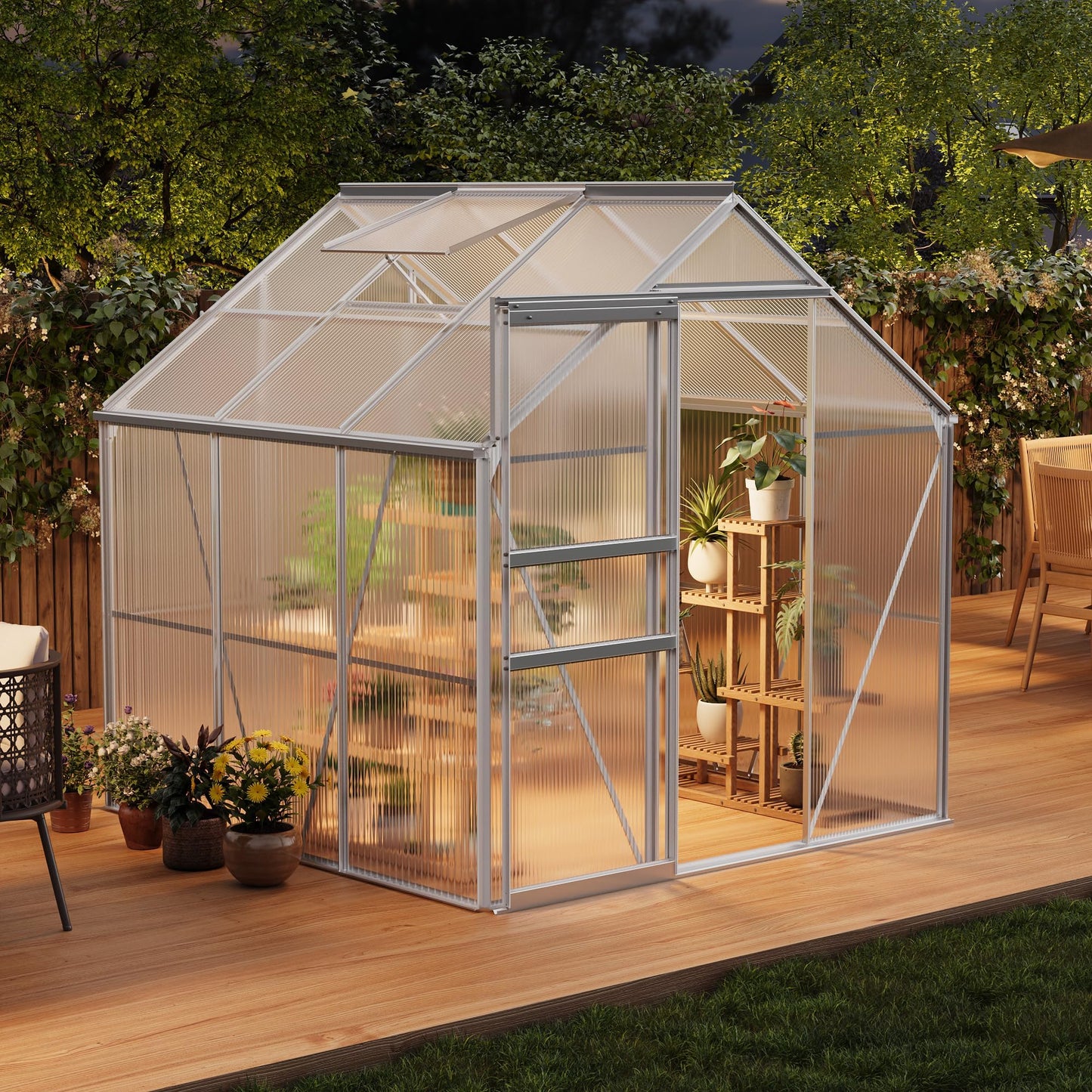 IDEALHOUSE 6x6 ft Polycarbonate Greenhouse with Adjustable Roof Vent, Walk-in Greenhouse for Outdoor Garden Backyard, Heavy Duty Aluminum Frame, 720g/M² PC Panels, Silver