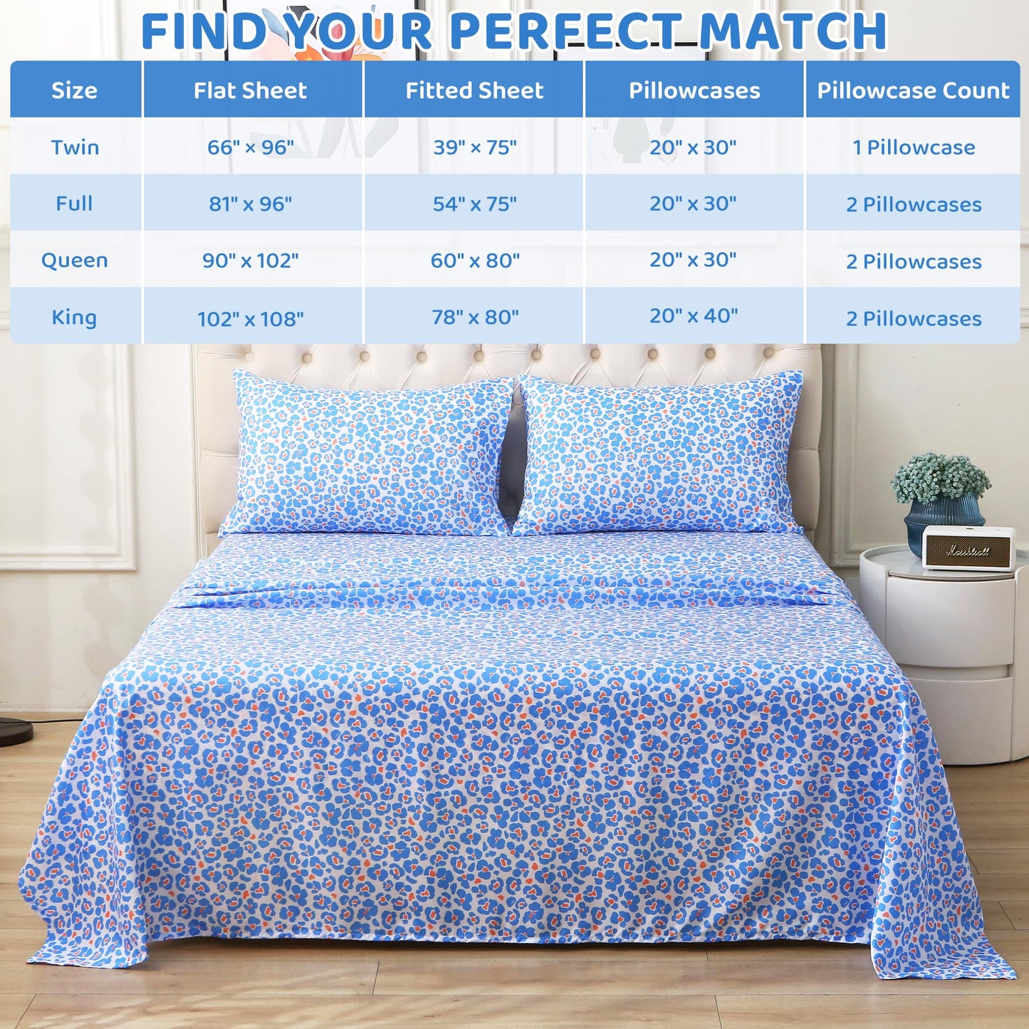 Mooreeke Leopard Cheetah Printed Queen Bed Sheets, Soft Microfiber Bedding Sheets & Pillowcases, Deep Pocket Non-Slip Fitted Queen Sheet, Blue Animal Pattern Bedsheets