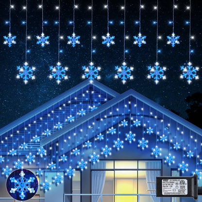 Qunlight Christmas Snowflake Icicle Lights,6.5ft 144LED Curtain Lights with 12 Drops,Timer 8 Modes Connectable,Waterproof Fairy Light for Eaves, Garden, Indoor Outdoor Xmas Decoration (Blue White)