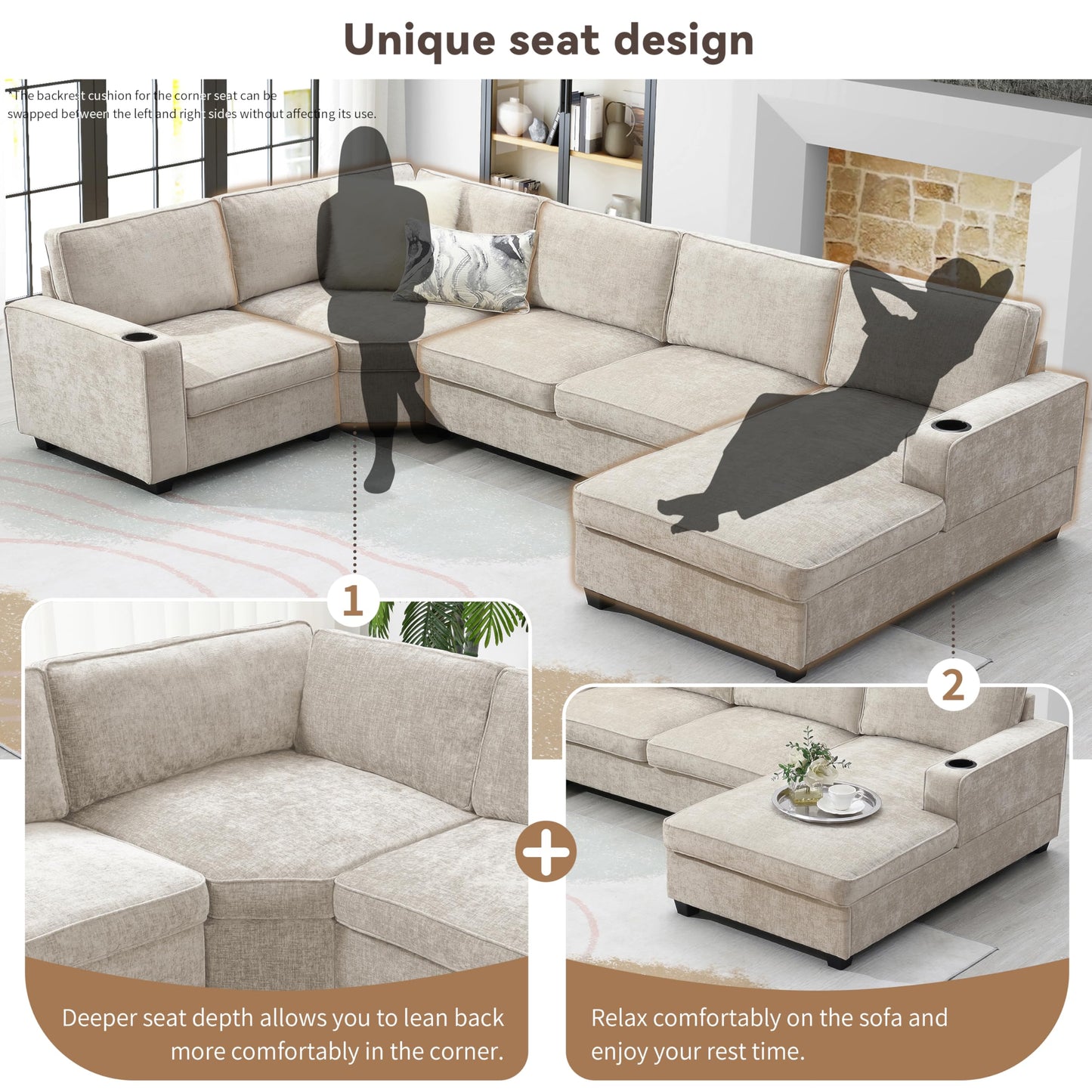 ERYE 119-Inch U-Shaped Sectional Sofa Couch W/Right Facing Chaise Lounge,Comfy Chenille Upholstered Fabric Modular Sofa Couch with Cup Holders for Living Room Sets