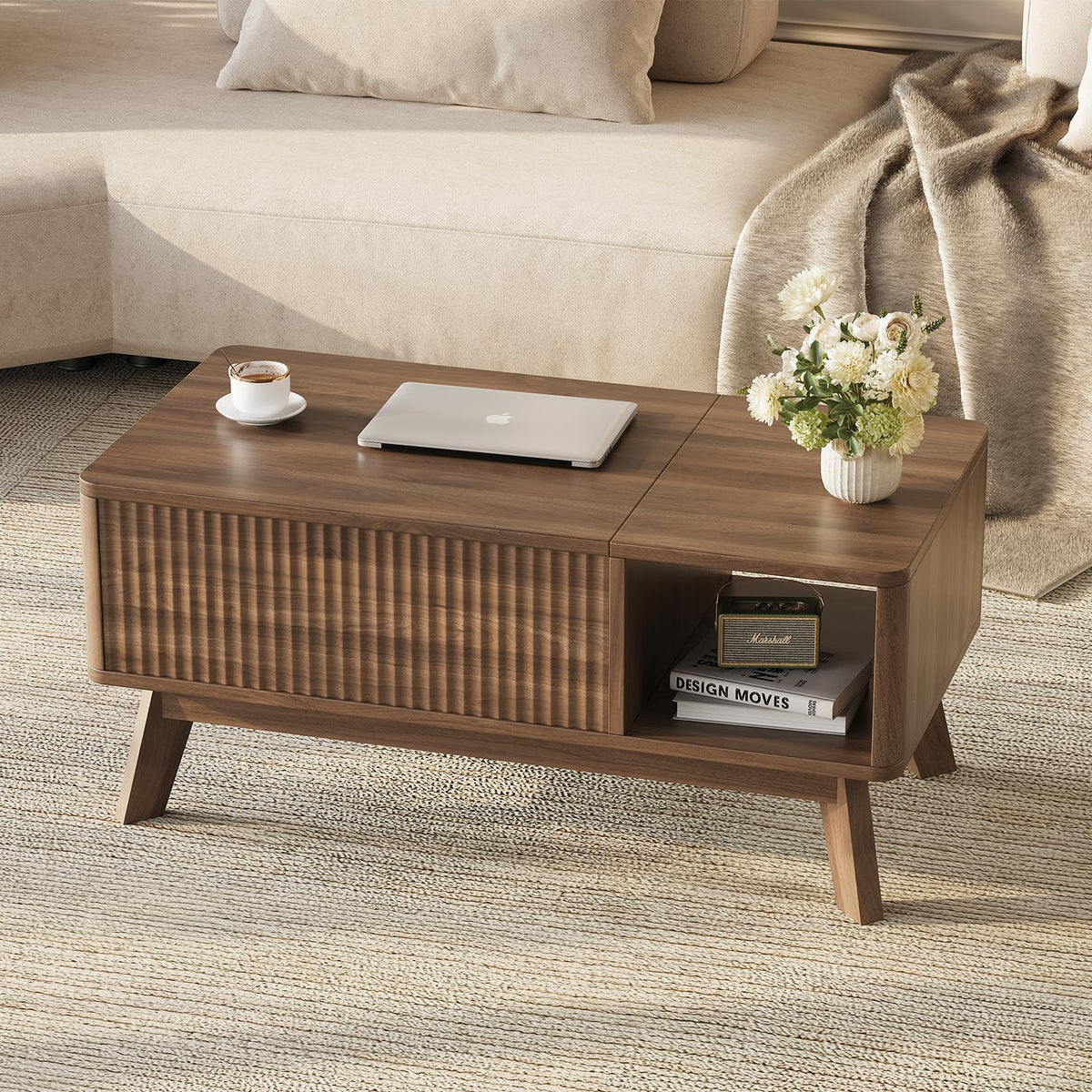 TROJM Wood Lift Top Coffee Table with Hidden Compartment and Large Storage Shelf, Lift Tabletop Dining Center Table for Home Living Room Office,Walnut