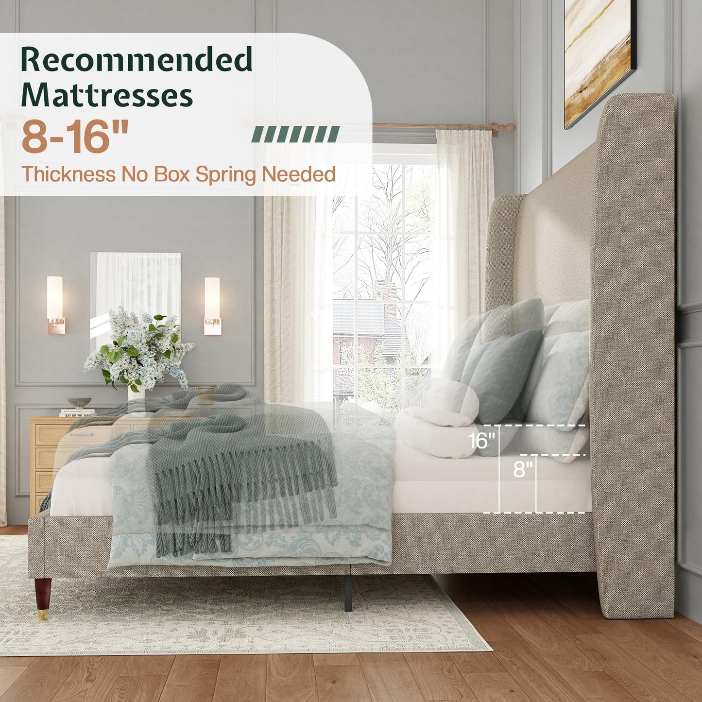 Jocisland King Size Bed Frame 51.2" Wingback Headboard Linen Upholstered Platform Bed,Solid Wood Legs & Wooden Slats,No Box Spring Needed,Noise-Free,for Family Master Suite Cozy Home,Brown