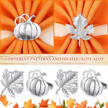 Patelai 12 Pieces Thanksgiving Napkin Ring Set Pumpkin Maple Leaf Fall Leaf Rings Halloween Napkin Holders Ring Kit for Thanksgiving Halloween(Maple and Pumpkin,Silver)