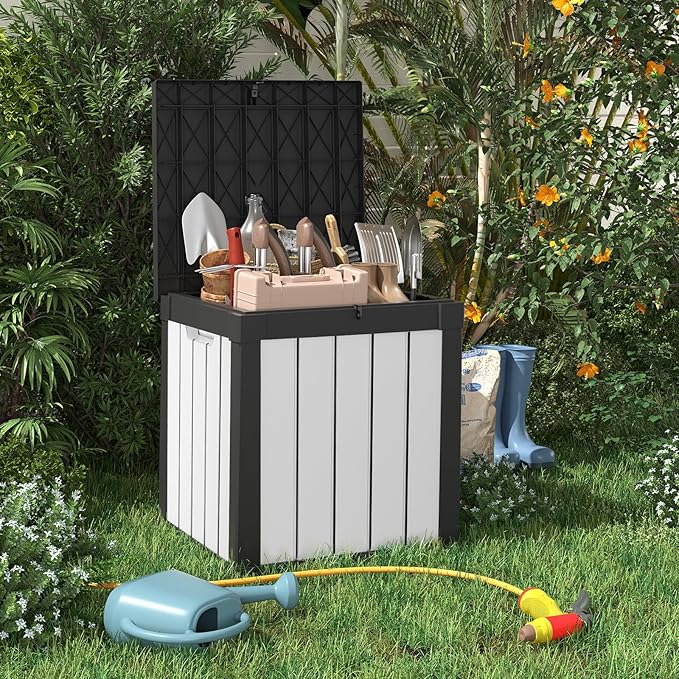 EasyUp 50 Gallon Deck Box Outdoor Storage Box for Patio Furniture,Outdoor Cushions,Garden Tools and Pool Supplies,Waterproof,Resin（Black&White）