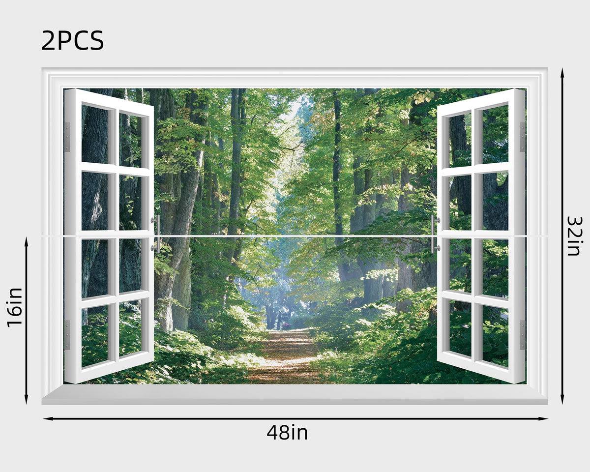 FLFK Fake Window Wall Mural - Road in The Forest Faux Window Wall Sticker for Wall Decor, Peel and Stick Wall Decals,48"x32",Set of 2 Sheets