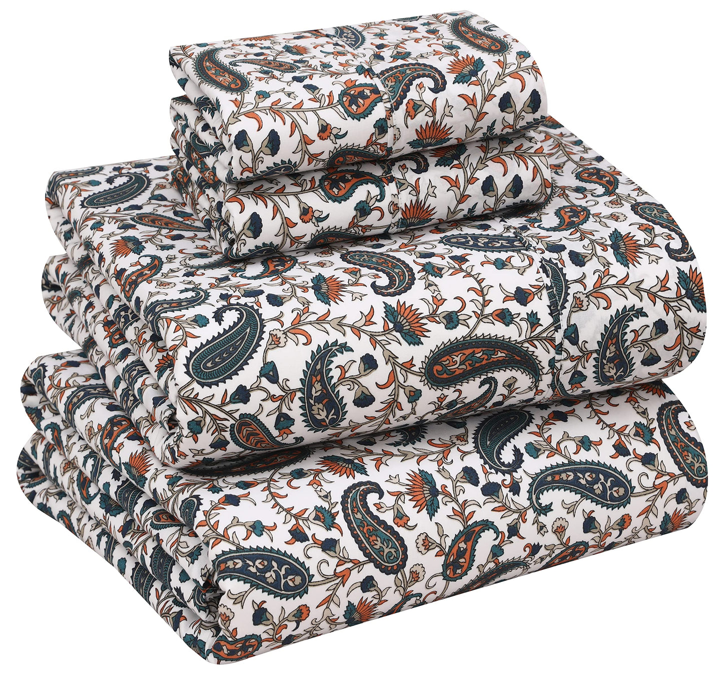 RUVANTI 100% Cotton Percale Sheets, Queen Size, Teal Paisley