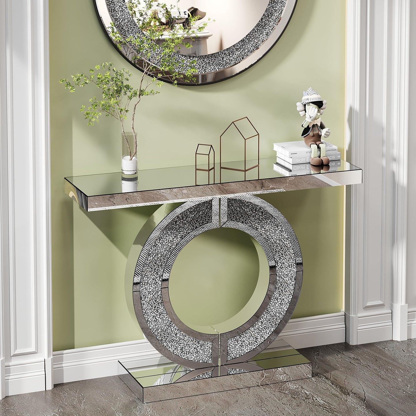 KEIKI Modern Mirrored Console Table with Crystal O-Shaped Base, 43" Luxury Glass Entryway Sofa Table, Rectangular Accent Foyer Table for Living Room Foyer Hallway Entrance, Silver