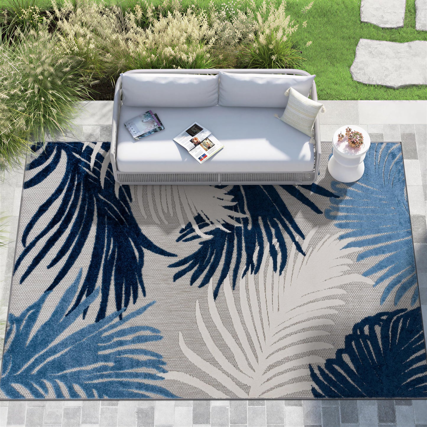 Rugshop Navy Lucca Contemporary Floral Indoor/Outdoor Area Rug Durable Polypropylene, Weather Resistant, Easy to Clean for Backyard, Deck and Outdoor Lounge 12' x 15'