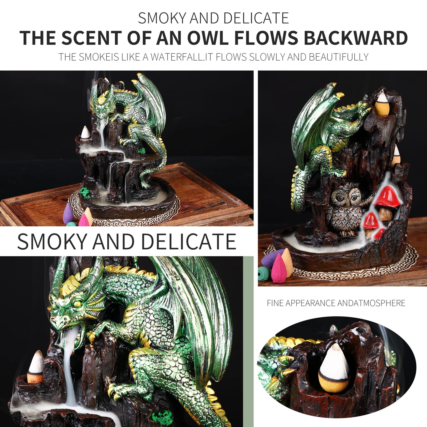 Zvaiuk Dragon Backflow 2 Sided Mountain Waterfall Incense Burner,Fountain Smoke Incense Holder with Backflow Incense Cones, Tweezers, Mat，Resin Aromatherapy Meditation (Green)