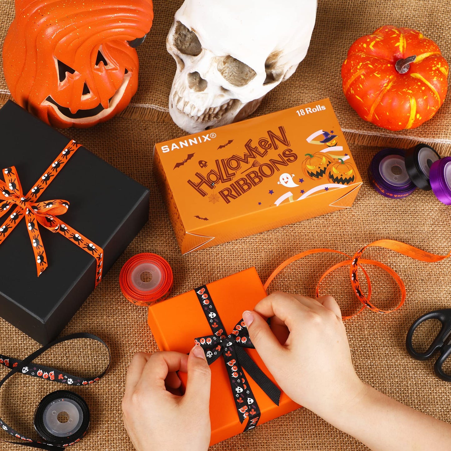 SANNIX 18 Rolls 90 Yards Halloween Ribbon Printed Grosgrain Ribbons 3/8″ Wide DIY Craft Fabric for Halloween Party Decor Gift Wrapping Ribbon