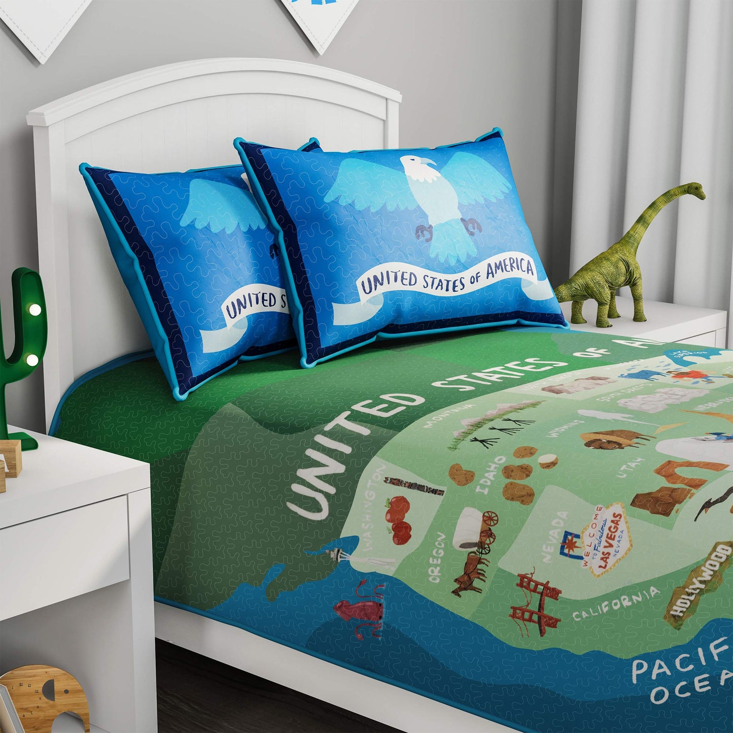 United States 3 Piece Quilt Set- Twin XL Bedding & 2 Pillow Shams-Hypoallergenic Microfiber-Landmarks & Icons of the 50 States & American Eagle by LHC