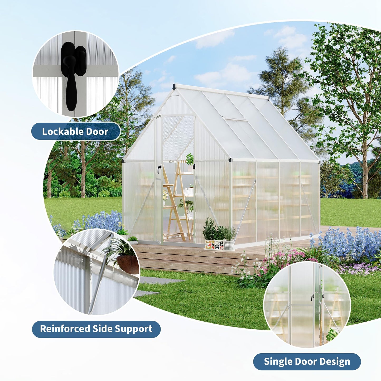 GarveeHome Large 6x7 Ft Walk-in Greenhouse, Aluminum Frame & Polycarbonate Panels for Growing Environment, Includes Roof Vent & Easy Assembly, Silver