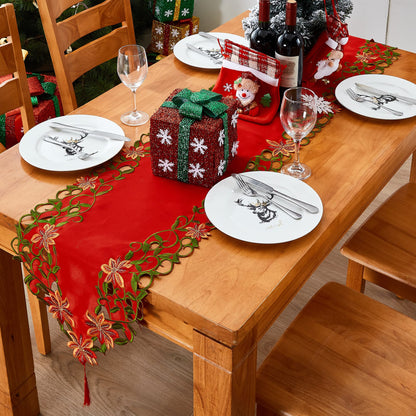 AMARED Christmas Embroidered Table Runner Cutwork Green Leaves Holiday Table Linens for Christmas Decorations 15x69 Inch