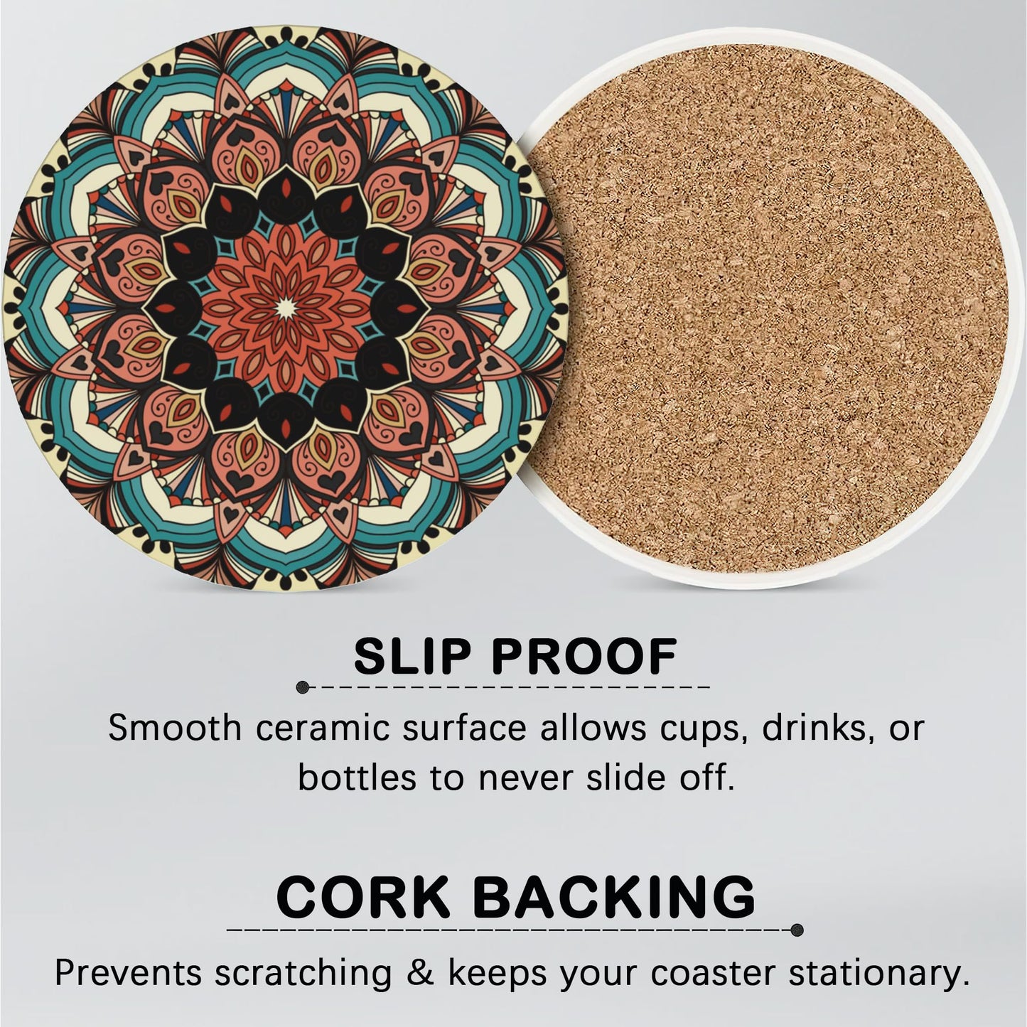 Drink Coasters for Drinks Set of 6,Mandala Absorbent Round Ceramic Stone Mat Coaster,with Cork Base and Metal Holder, Home Bar Decor House Warming Gift