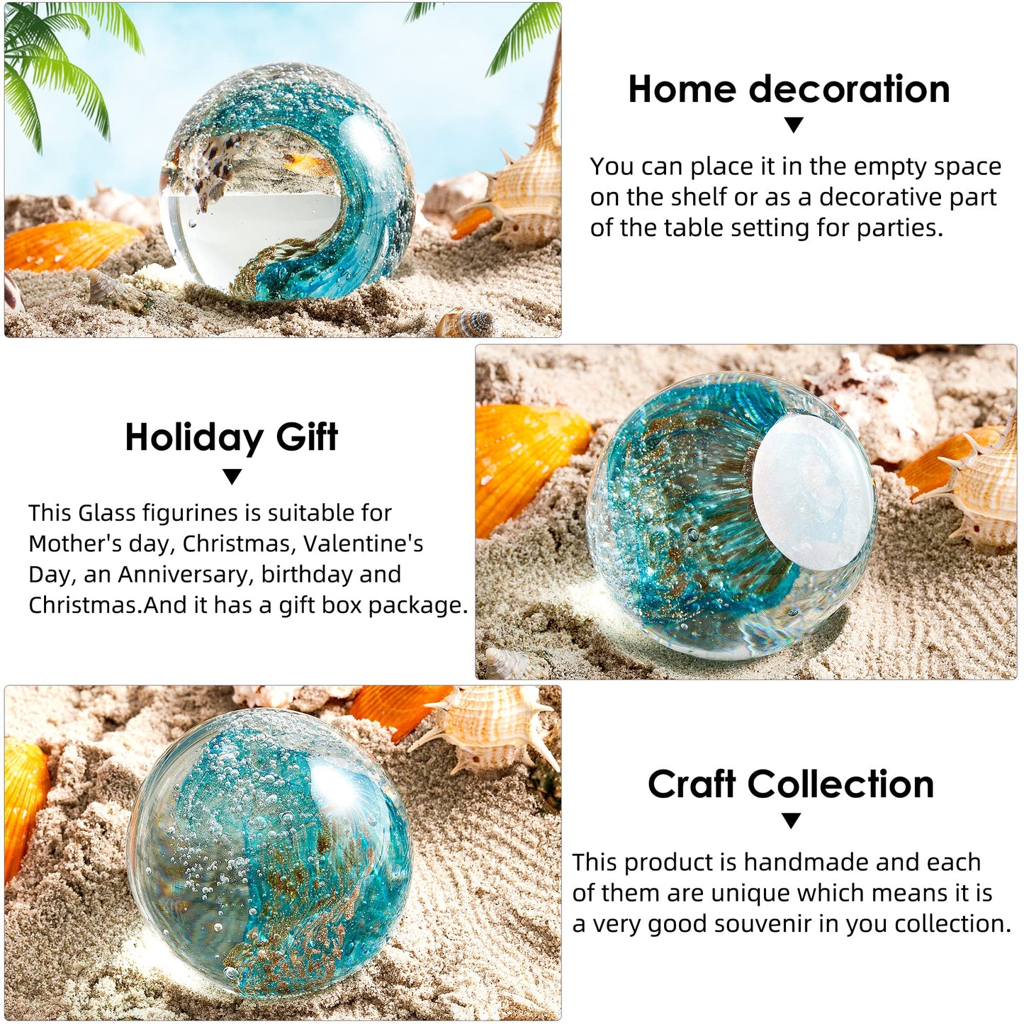 EUSTUMA Hand Blown Glass Figurines Ball Ocean Waves,Office Paperweight Glass for Desk,Home Decor Collectible,Aquarium Decor,Office Decor Ocean Lovers (Waves)