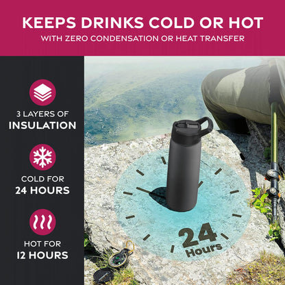 FineDine 25 Oz Insulated Water Bottle with Straw - Triple Walled Stainless Steel Metal Bottle W/ 3 Leak Proof Lids - For Travel, School, Sports, Gym/Men, Women & Kids - Inky Raven Black