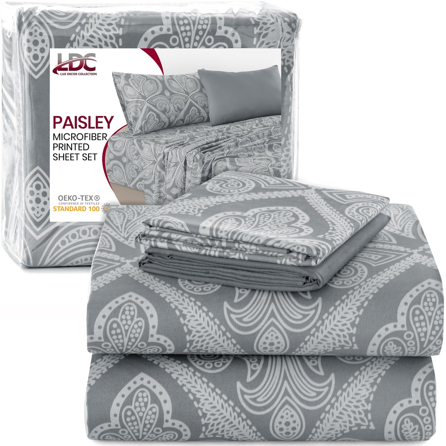 Ultra Soft Wrinkle-Free Microfiber Paisley Twin Sheet Set, Cute Floral Pattern Boho Print – 16" Deep Pocket Fitted Sheet, Flat Sheet & 2 Pillowcases, Breathable, OEKO-TEX - Grey