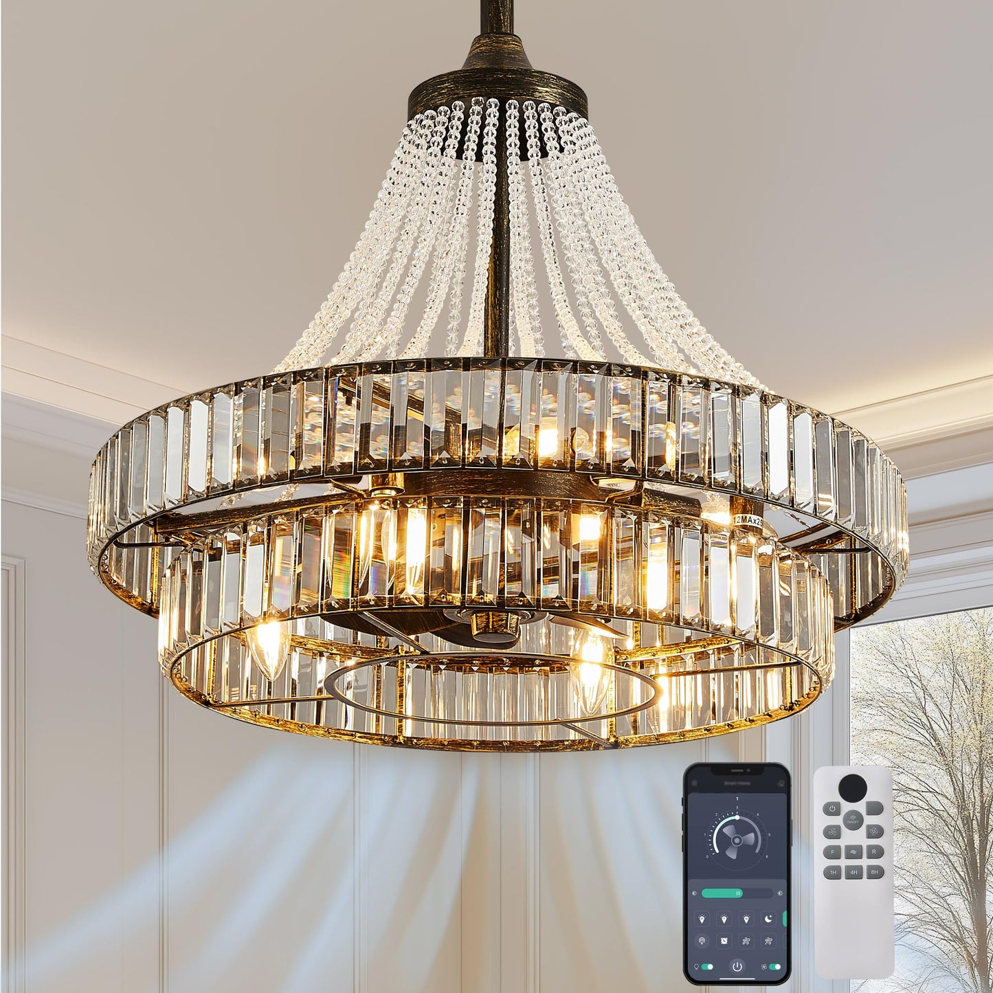 HEMLDAN 24" Modern Crystal Caged Fandelier, Smart Chandelier Fan with Remote and APP Control, Double Layer Ceiling Fan with Light for Dining Living Room Bedroom, Italian Design-Black Gold