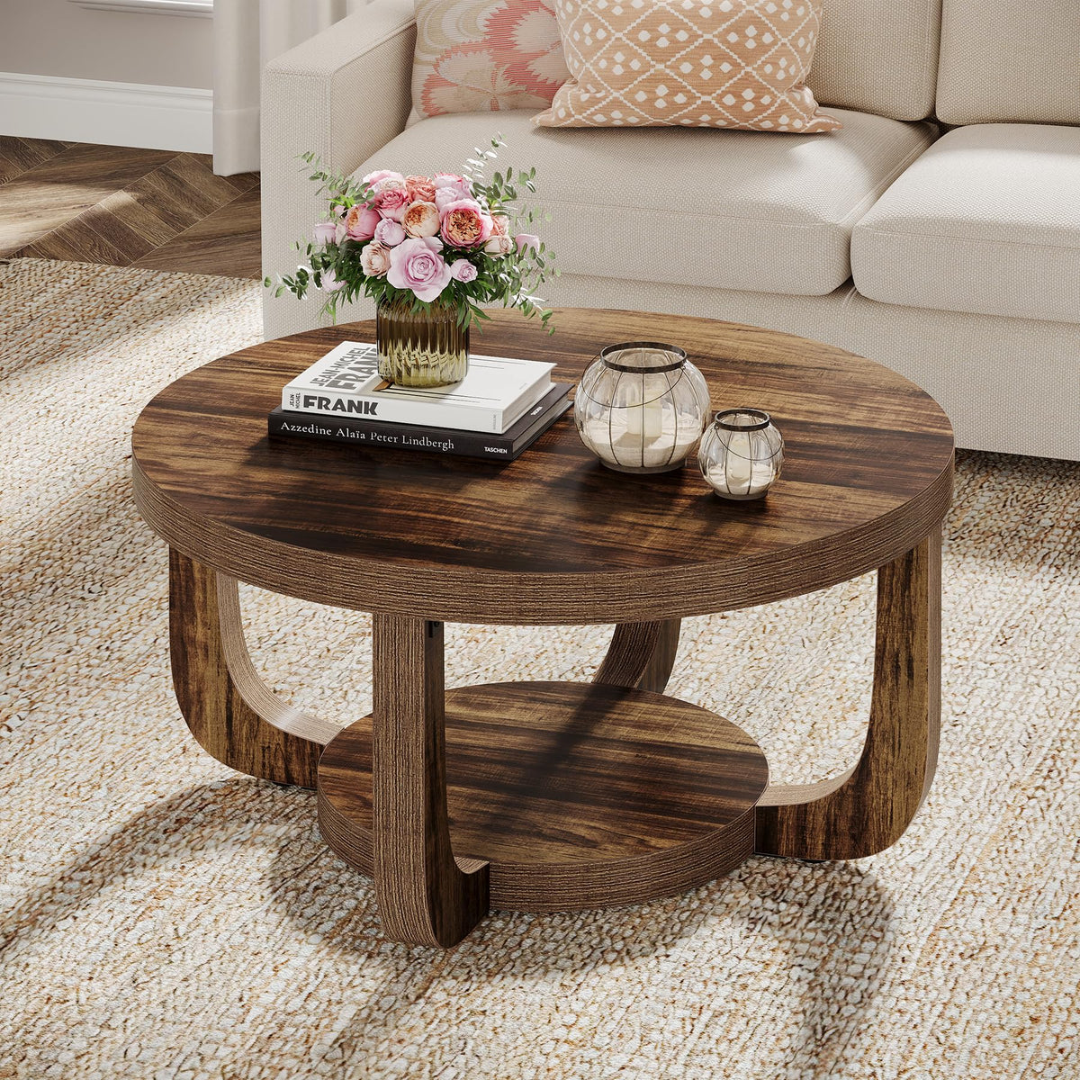 Tribesigns Round Coffee Table, 2-Tier Circle Coffee Table with Storage, Modern Wooden Accent Center Table for Living Room, Thick Tabletop & Base, Dark Brown