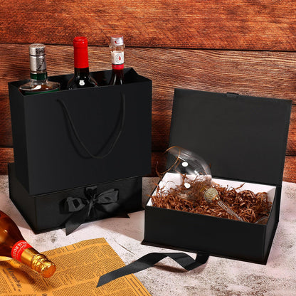 Jetec 10 Set 9.8 x 7 x 3.3 Inch Luxury Gift Boxes with Lids and Ribbon Paper Bags,collapsible Present Box for Birthday Wedding Proposal Valentines Day(Black)