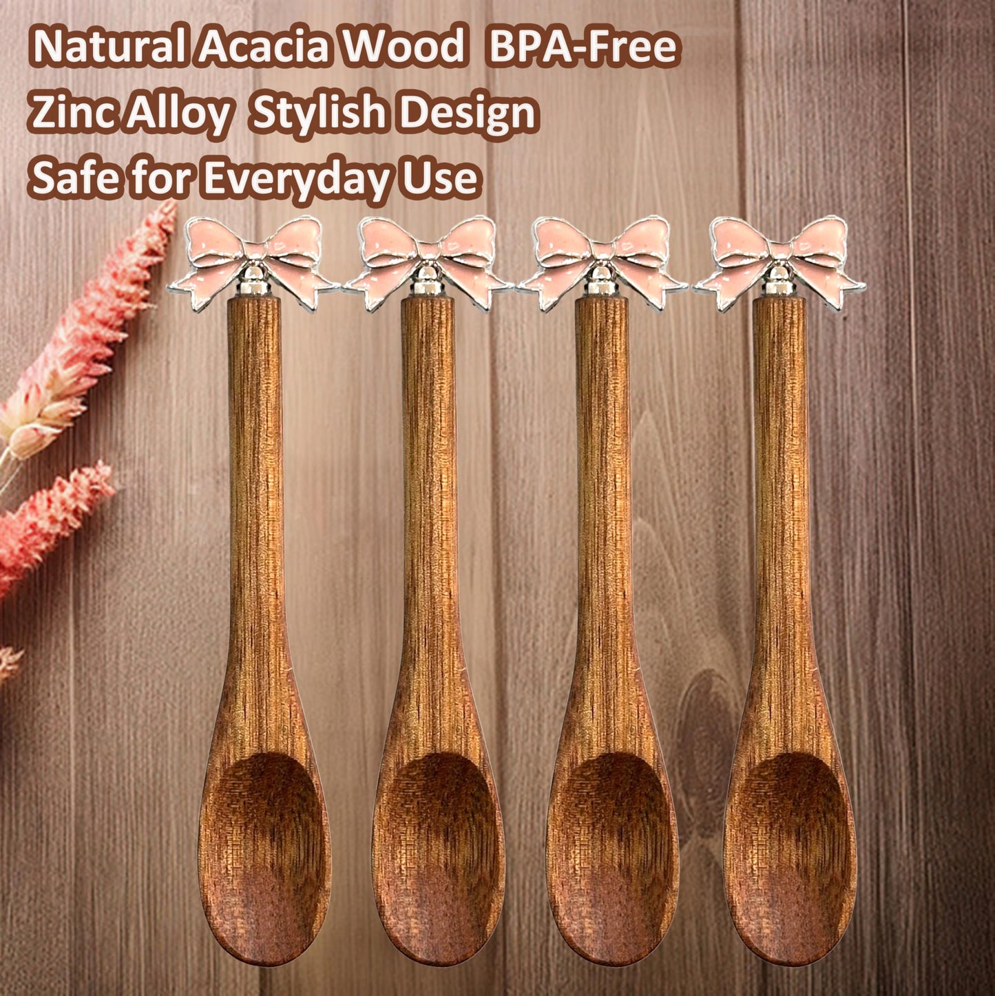 Wooden Stir Spoon for Honey Coffee Stirring Tea Yogurt Jars, Cute Small Wooden Spoon for Eating, Collection Spoons, Holiday Wooden Teaspoon 5.1 Inches Length(4pcs) (Pink bowknot)