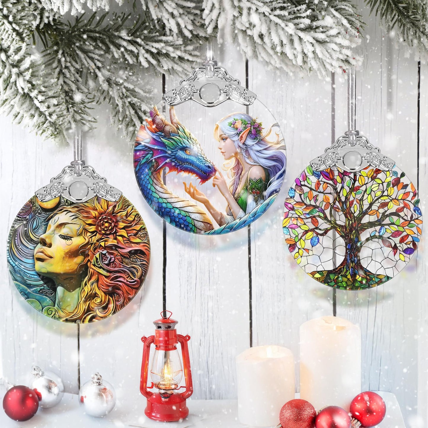 Jocidea Enchanted Elf & Dragon Christmas Ornament - Stained Glass Hanging Decor - Tree Decoration - Gift for Friends, Sisters
