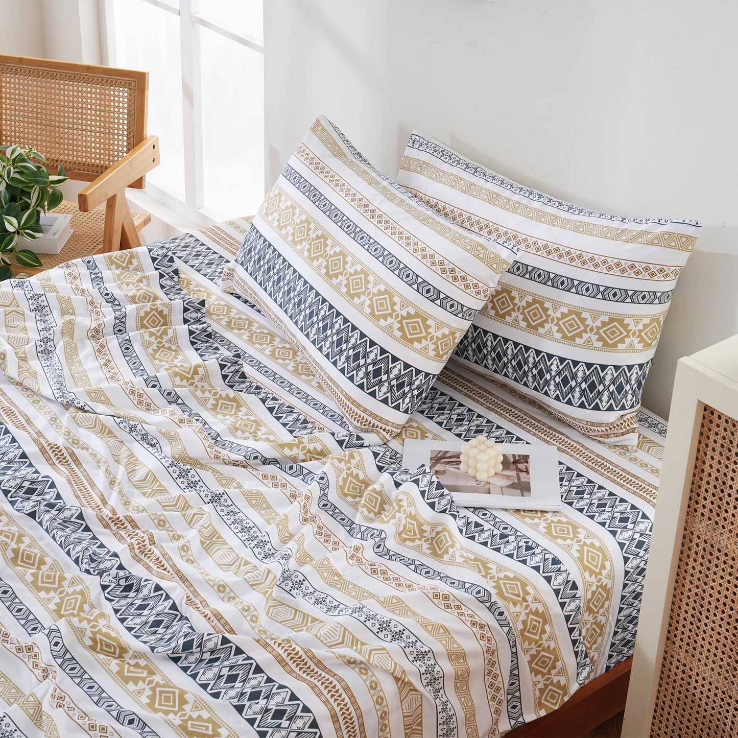 Yibeizi Striped Printed Sheet Set King, Boho Pattern Bed Sheets Fall Bedding Sheets & Pillowcases Soft Microfiber 15" Extra Deep Pocket Fitted Bedsheet 4 Piece